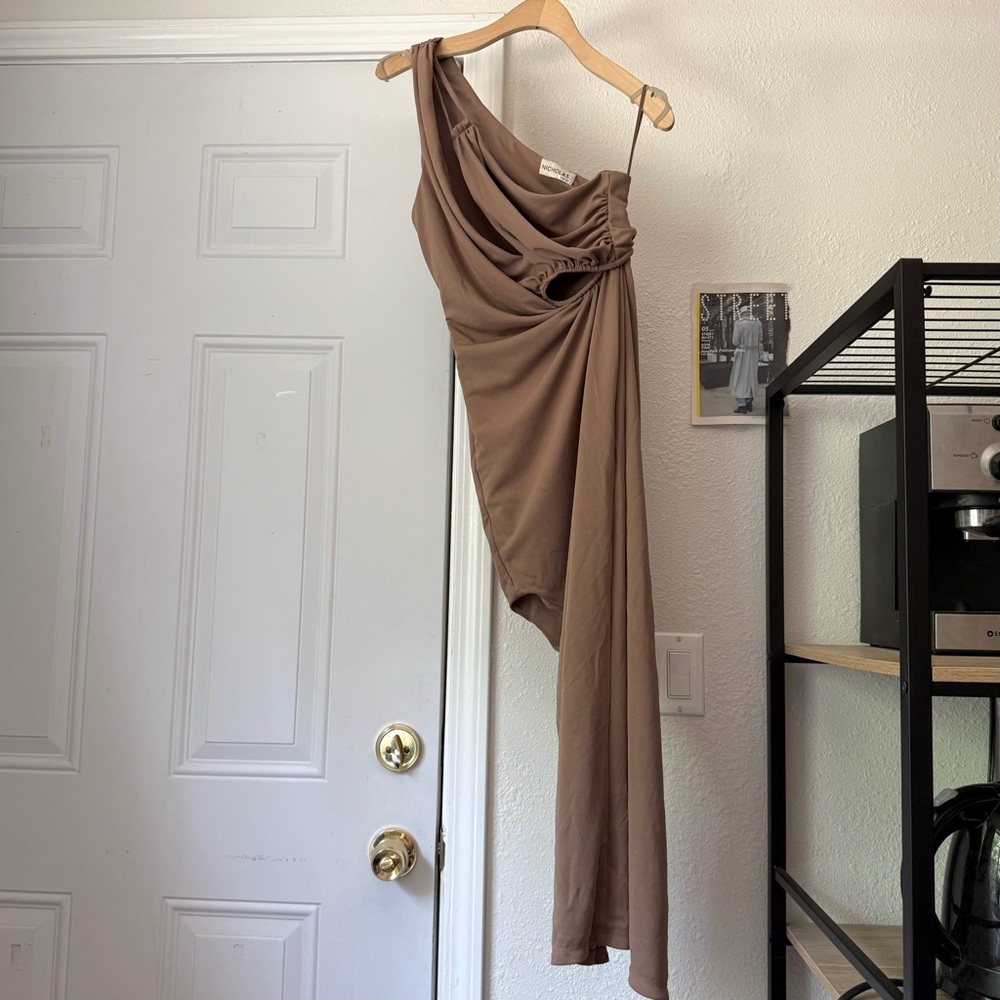 NICHOLAS tan brown knit asymmetrical one shoulder draped mini midi dress